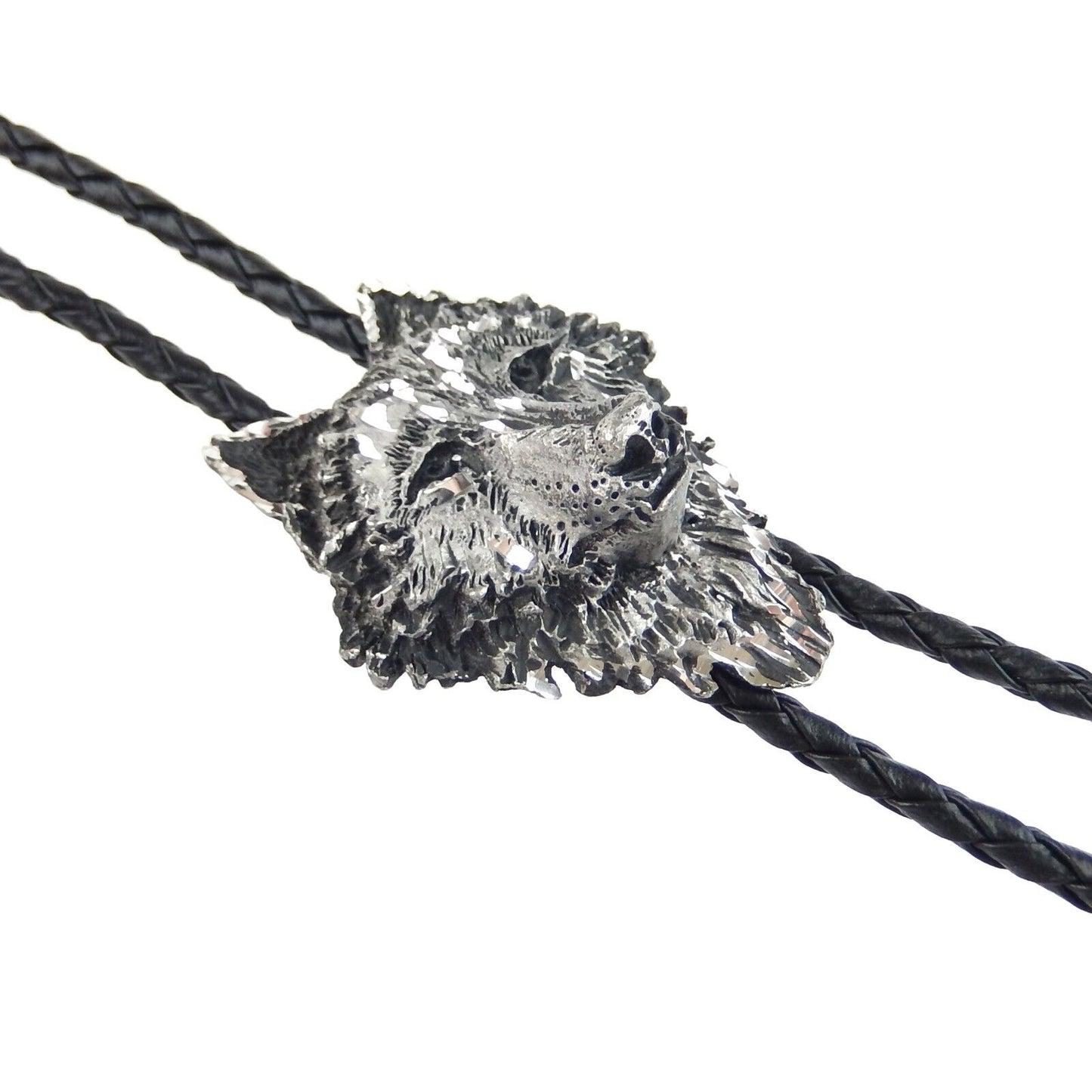 Wolf Head Bolo Tie Adjustable 36 inch Black Cord Antique Silver Made in USA