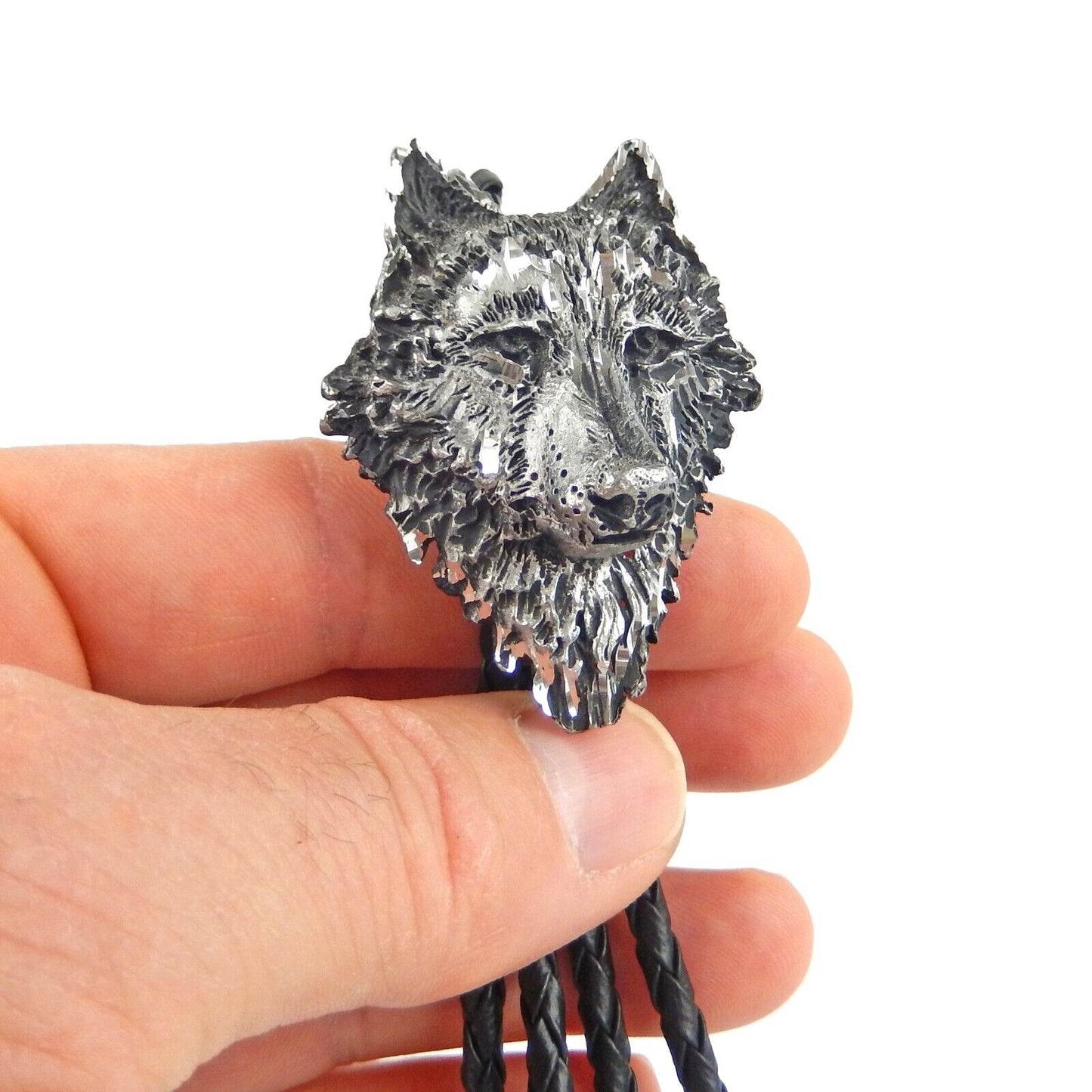 Wolf Head Bolo Tie Adjustable 36 inch Black Cord Antique Silver Made in USA