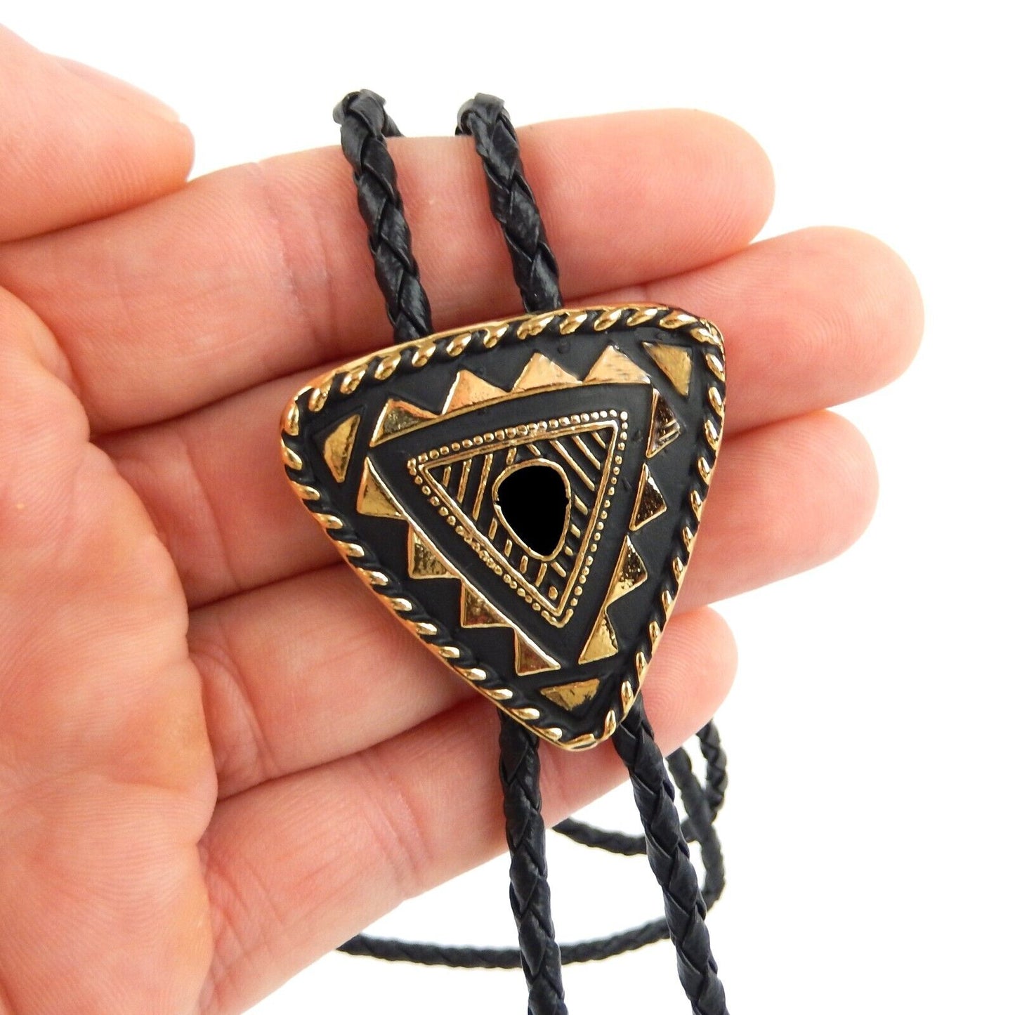 Triangular Real Gold Plated Bolo Tie 36 inch Adjustable Braided Cord Made In USA