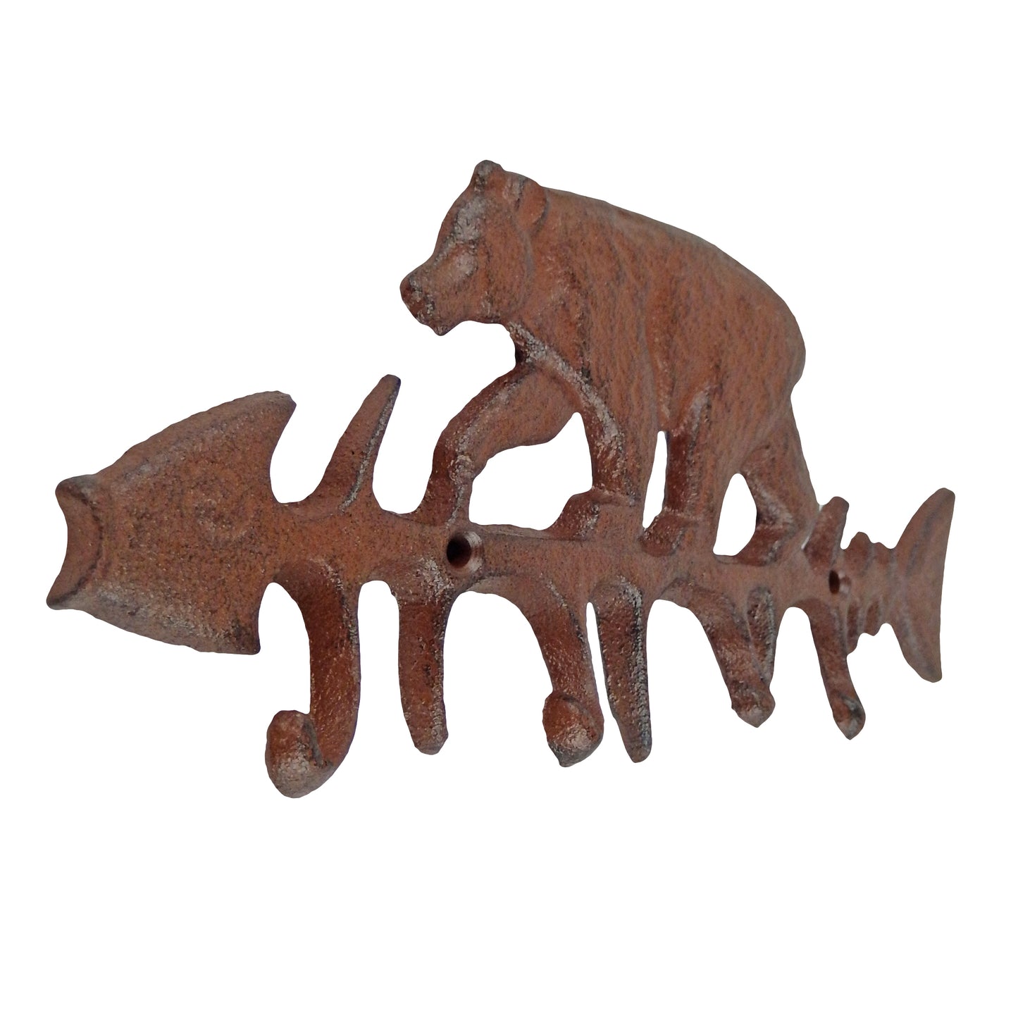 Cast Iron Bear On Fish Bone Skeleton Wall Hook Key Rack Coat Hanger Cabin Decor