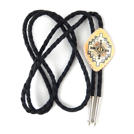 Aztec Design Diamond Shape Copper Bolo Tie 44 inch Black Cord Made in USA