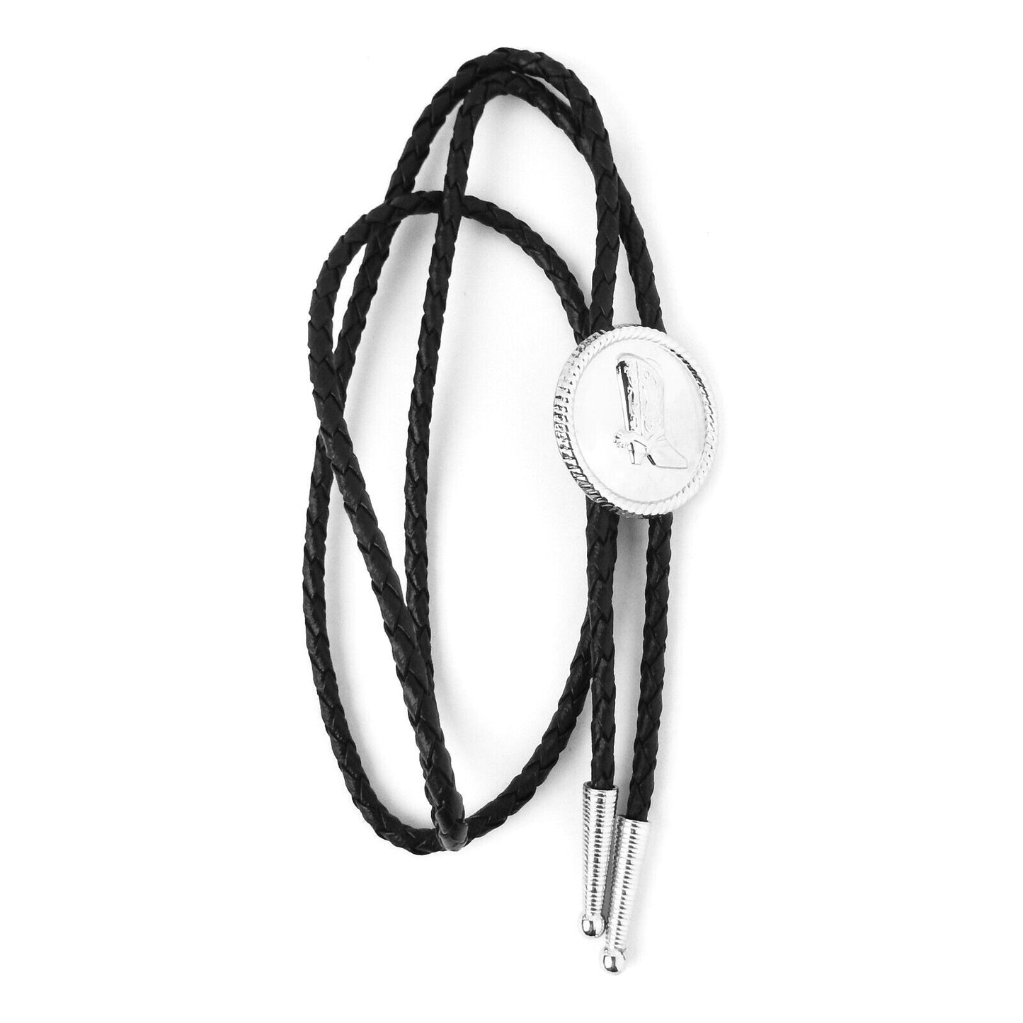 Round Silver Boot Bolo Tie Western Accessory 34 inch Black Cord Made in USA