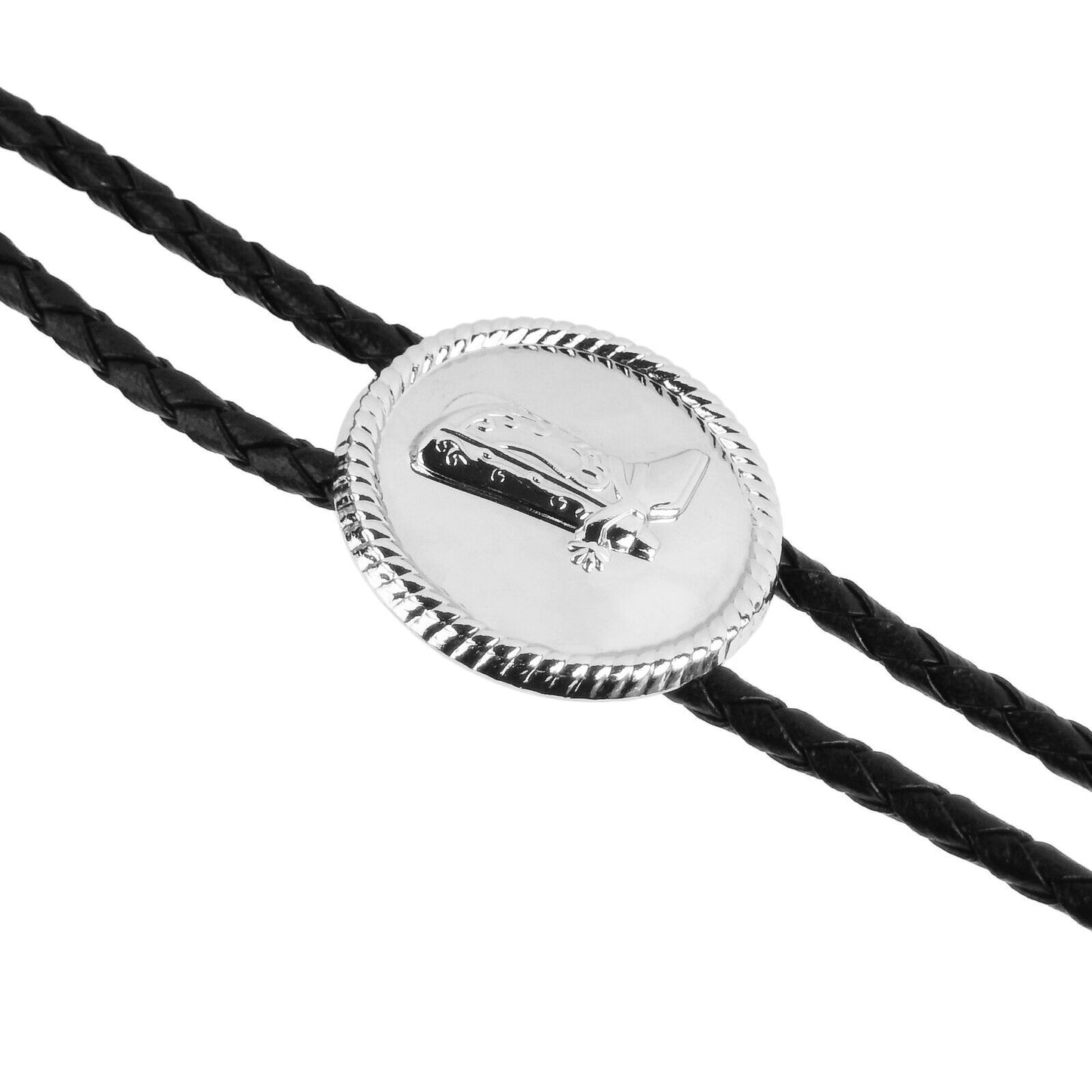 Round Silver Boot Bolo Tie Western Accessory 34 inch Black Cord Made in USA