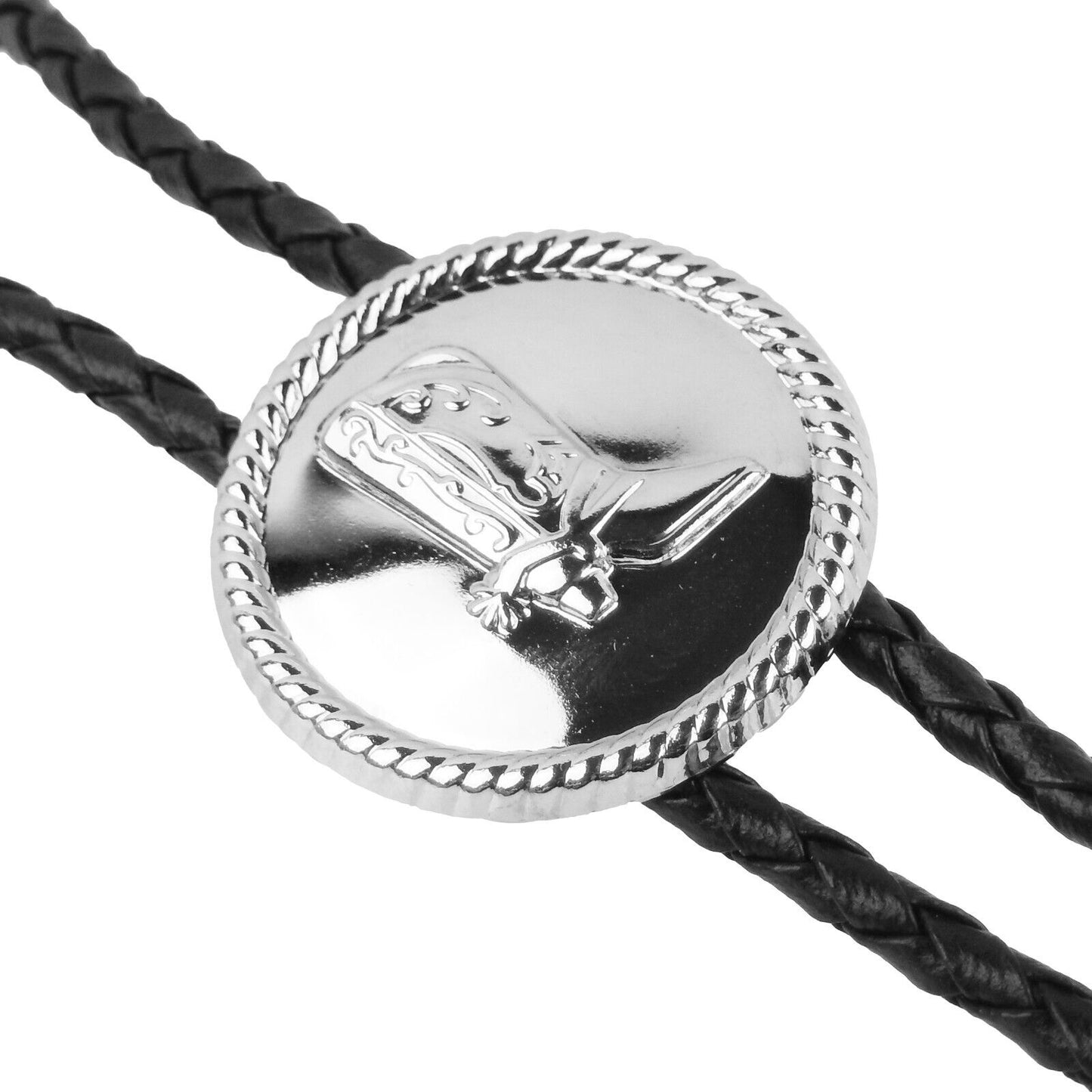 Round Silver Boot Bolo Tie Western Accessory 34 inch Black Cord Made in USA
