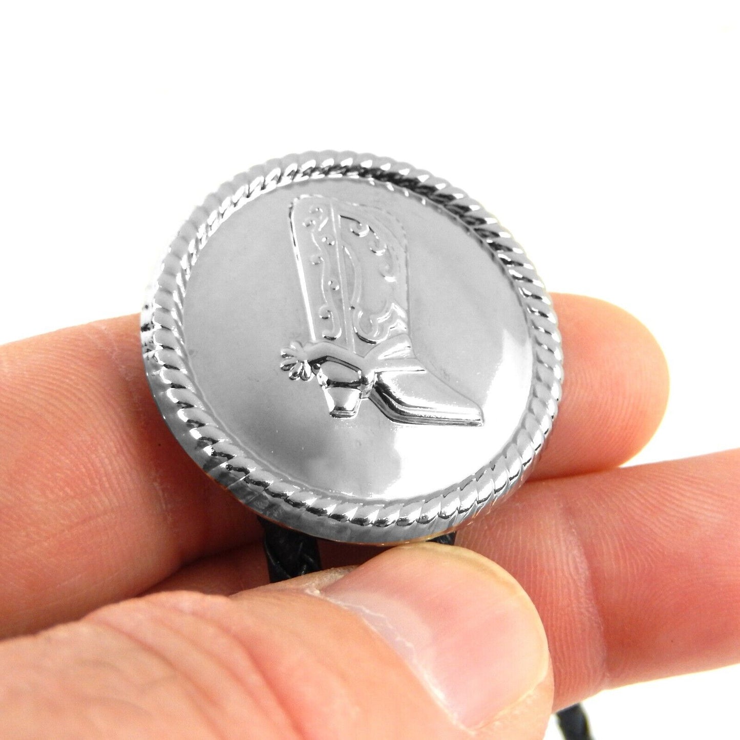 Round Silver Boot Bolo Tie Western Accessory 34 inch Black Cord Made in USA