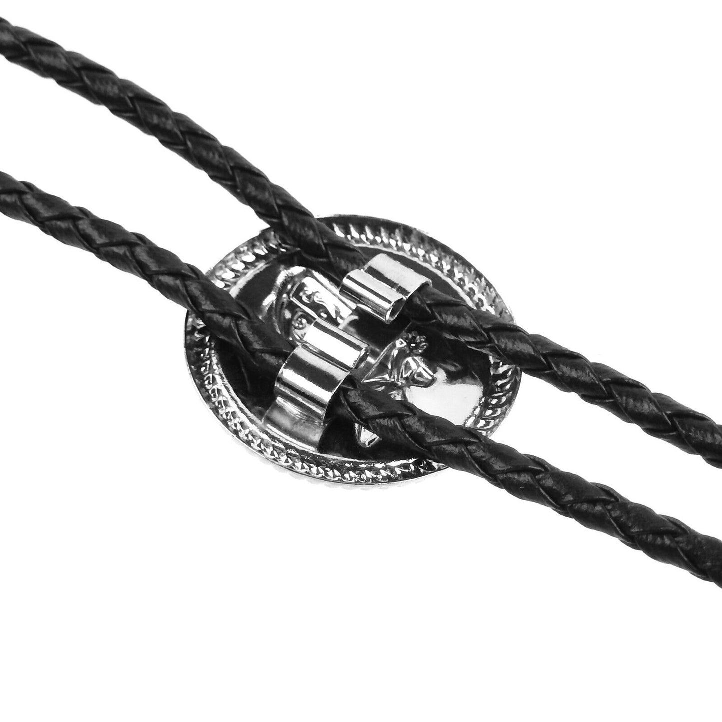 Round Silver Boot Bolo Tie Western Accessory 34 inch Black Cord Made in USA
