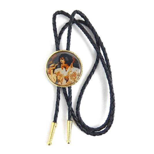 Elvis The King Round Golden Bolo Tie 36 inch Adjustable Braided Cord Made In USA