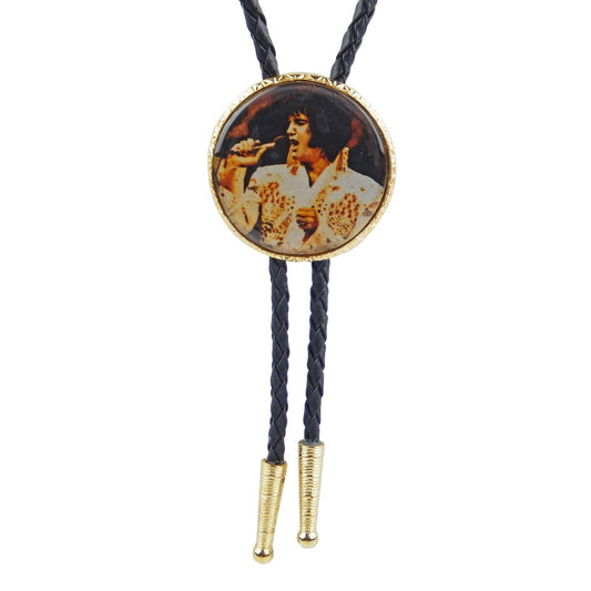 Elvis The King Round Golden Bolo Tie 36 inch Adjustable Braided Cord Made In USA