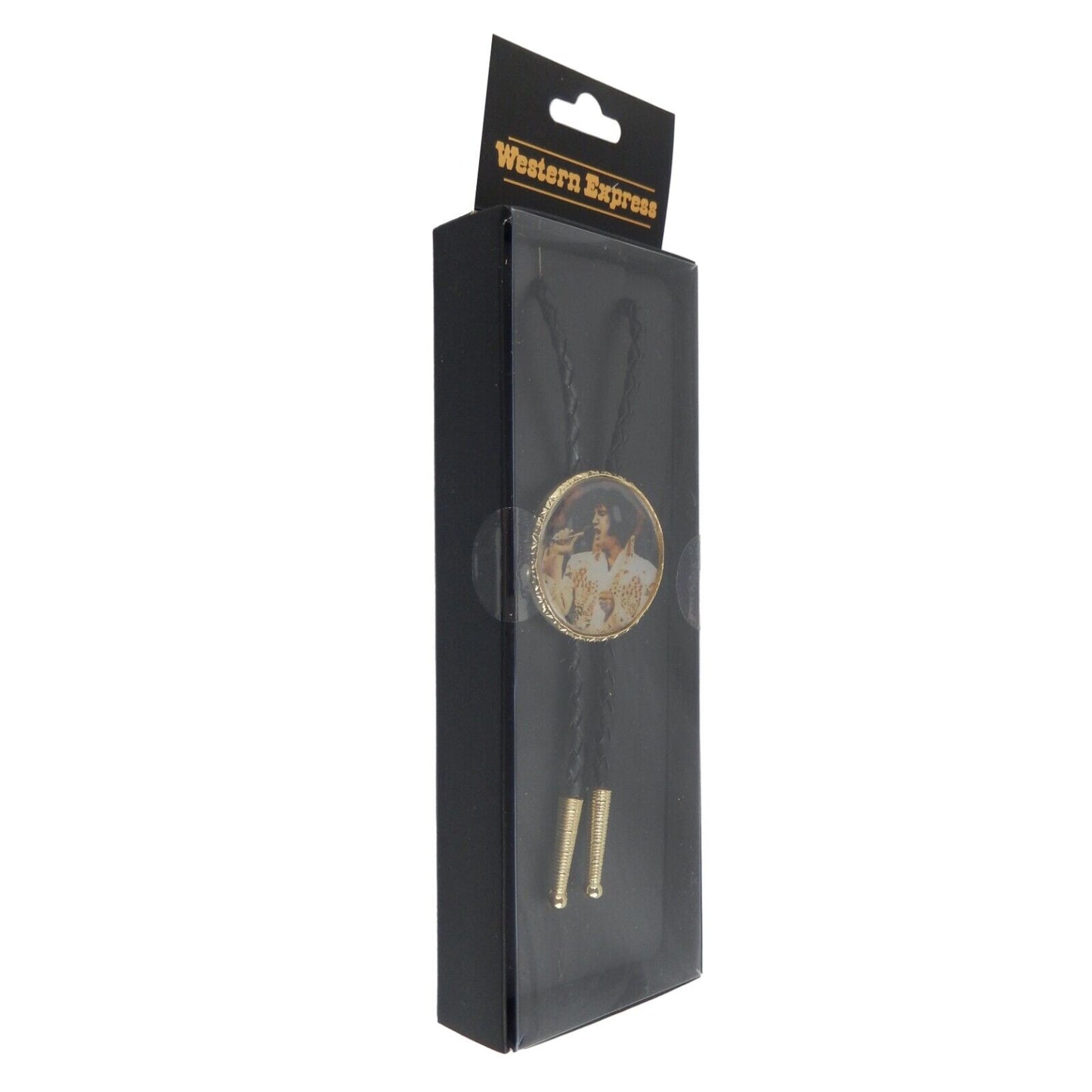 Elvis The King Round Golden Bolo Tie 36 inch Adjustable Braided Cord Made In USA