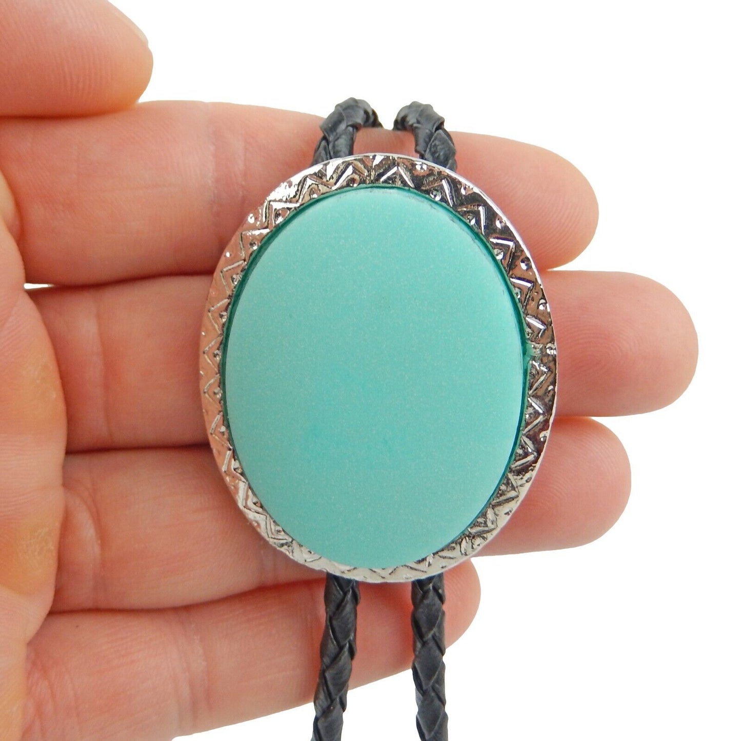 Oval Turquoise Stone Antique Silver Bolo Tie 36 inch Adjustable Cord Made in USA