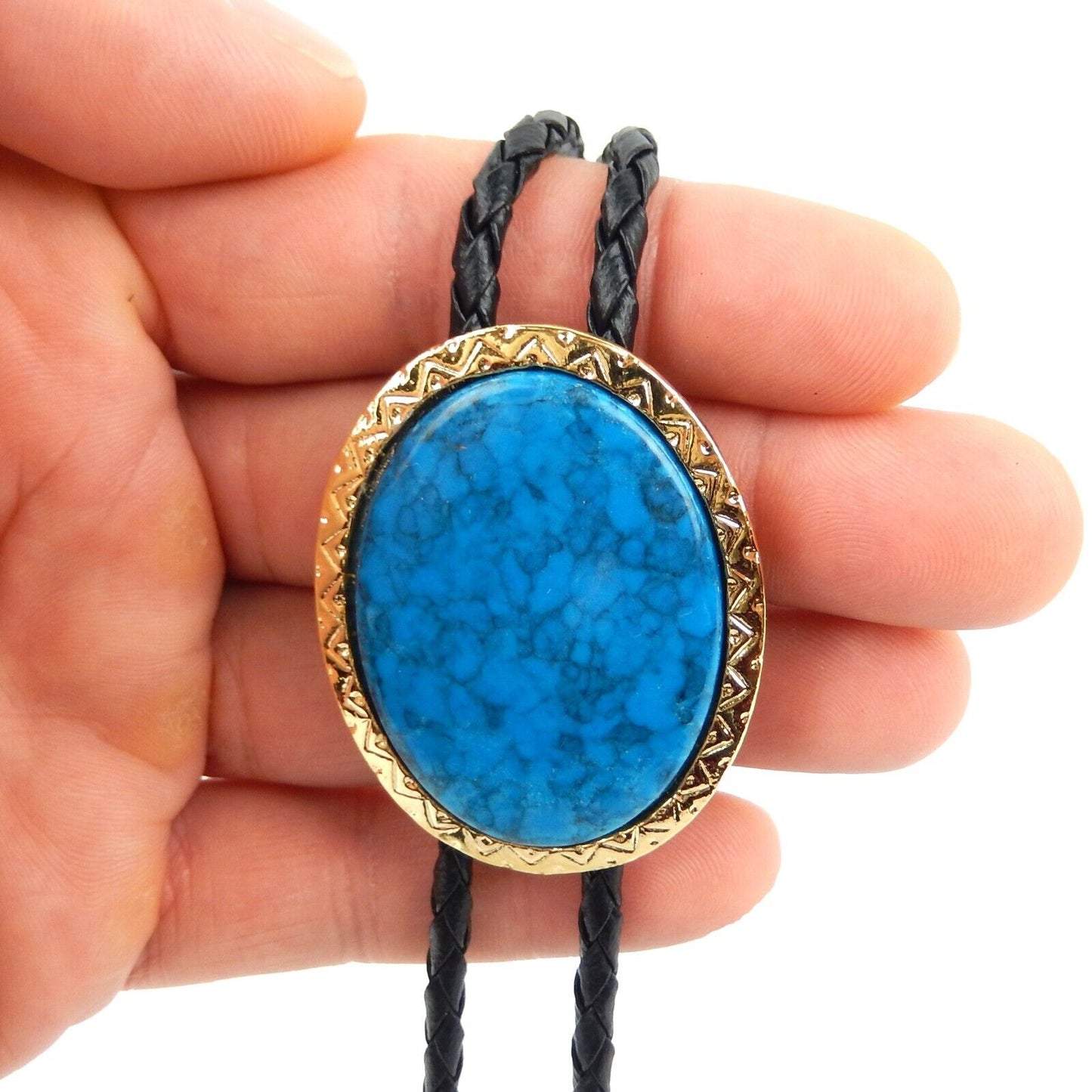 Oval Dark Blue Stone Gold Tone Bolo Tie 36 inch Adjustable Cord Made in USA