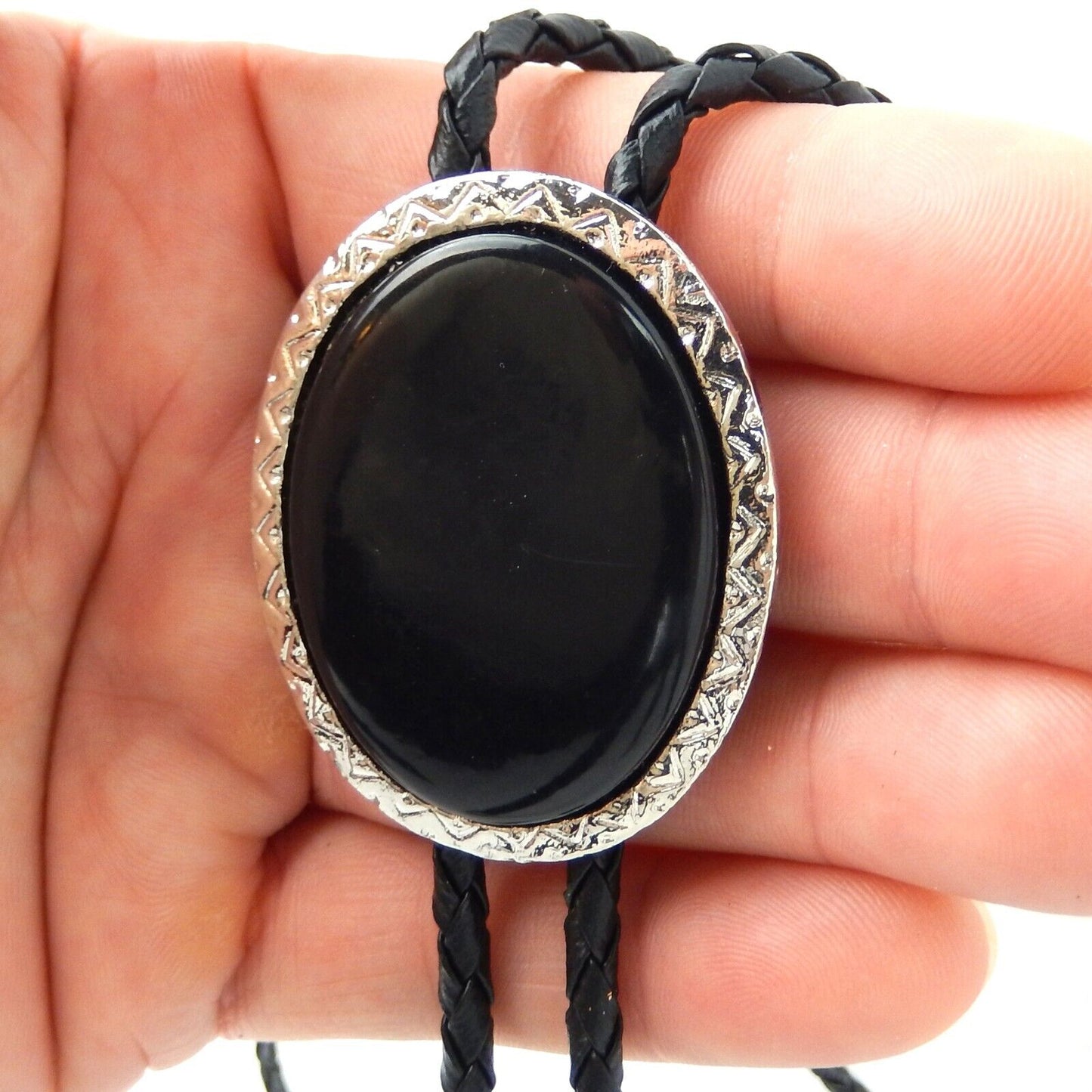 Oval Black Stone Antique Silver Bolo Tie 36 inch Adjustable Cord Made in USA