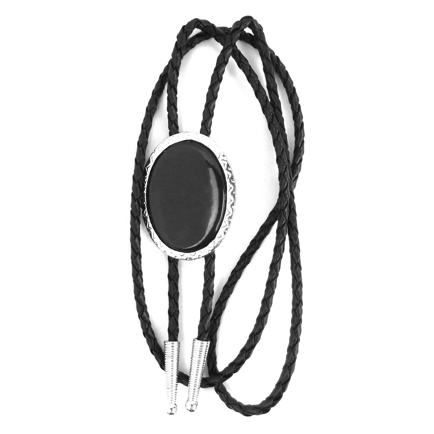 Oval Black Stone Antique Silver Bolo Tie 36 inch Adjustable Cord Made in USA