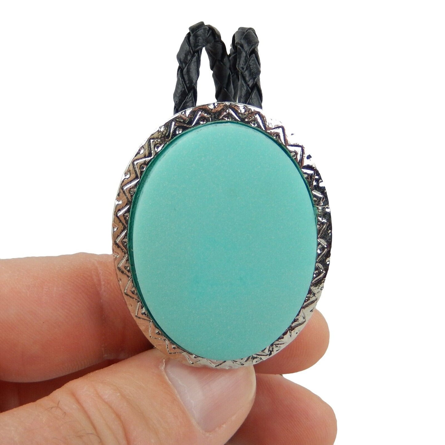Oval Turquoise Stone Antique Silver Bolo Tie 36 inch Adjustable Cord Made in USA