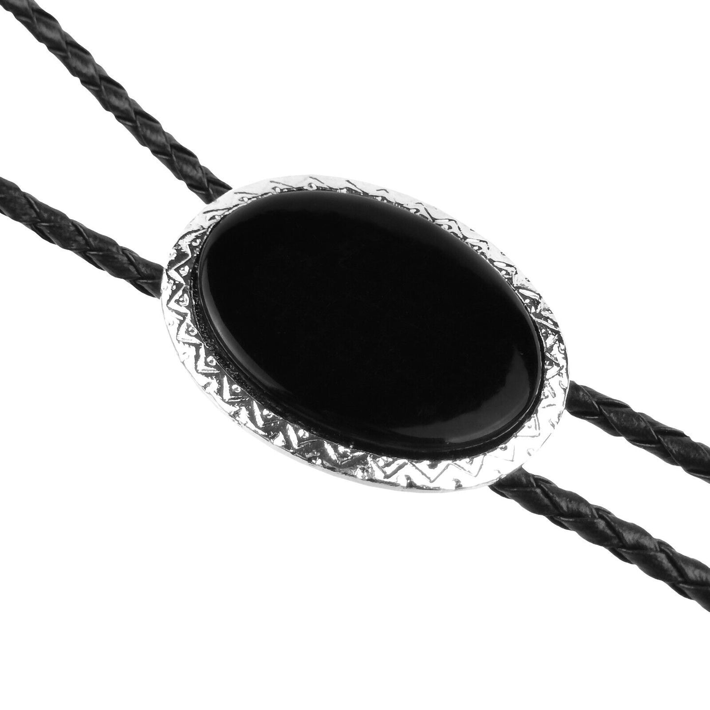 Oval Black Stone Antique Silver Bolo Tie 36 inch Adjustable Cord Made in USA