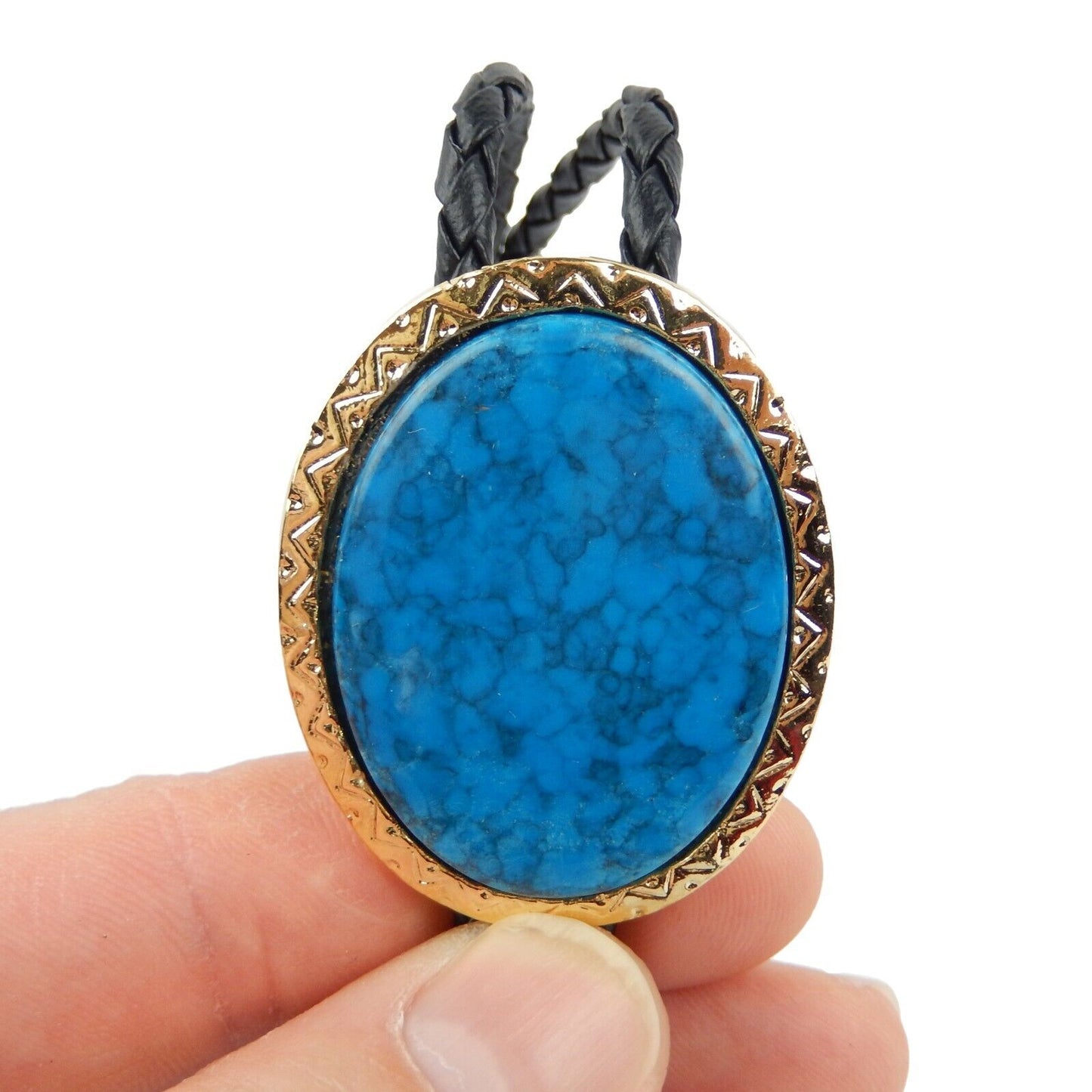 Oval Dark Blue Stone Gold Tone Bolo Tie 36 inch Adjustable Cord Made in USA