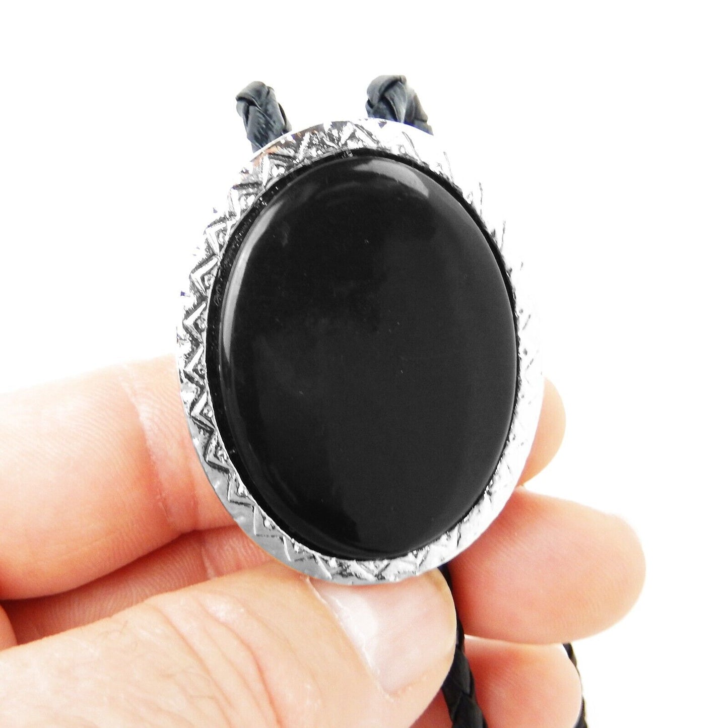 Oval Black Stone Antique Silver Bolo Tie 36 inch Adjustable Cord Made in USA