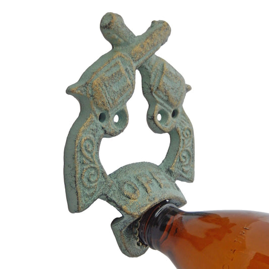 Cast Iron Western Crossed Guns Pistols Beer Bottle Opener Wall Mount Green Gold