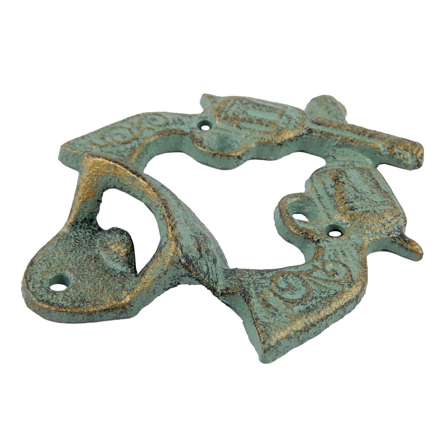 Cast Iron Western Crossed Guns Pistols Beer Bottle Opener Wall Mount Green Gold