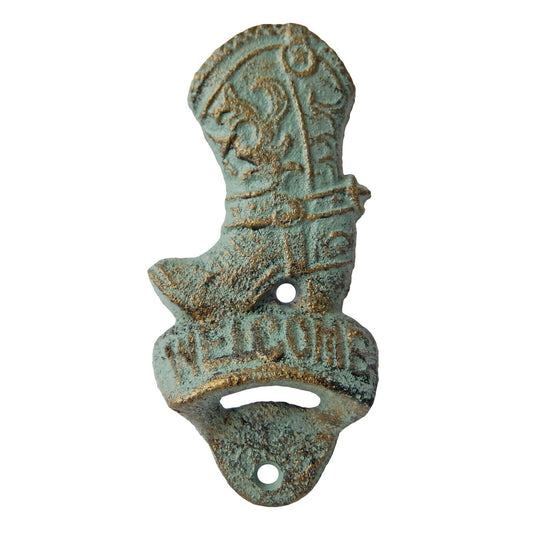 Cast Iron Cowboy Boot Welcome Beer Soda Bottle Opener Wall Mounted Green & Gold