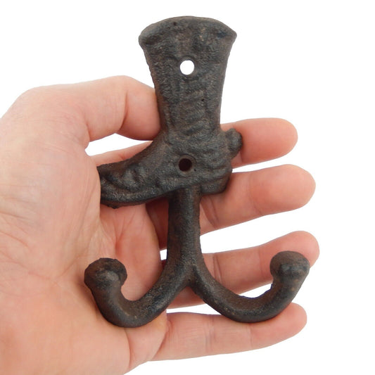 Cast Iron Western Boot Double Wall Hook Key Towel Coat Hanger Rustic Brown 4.75"