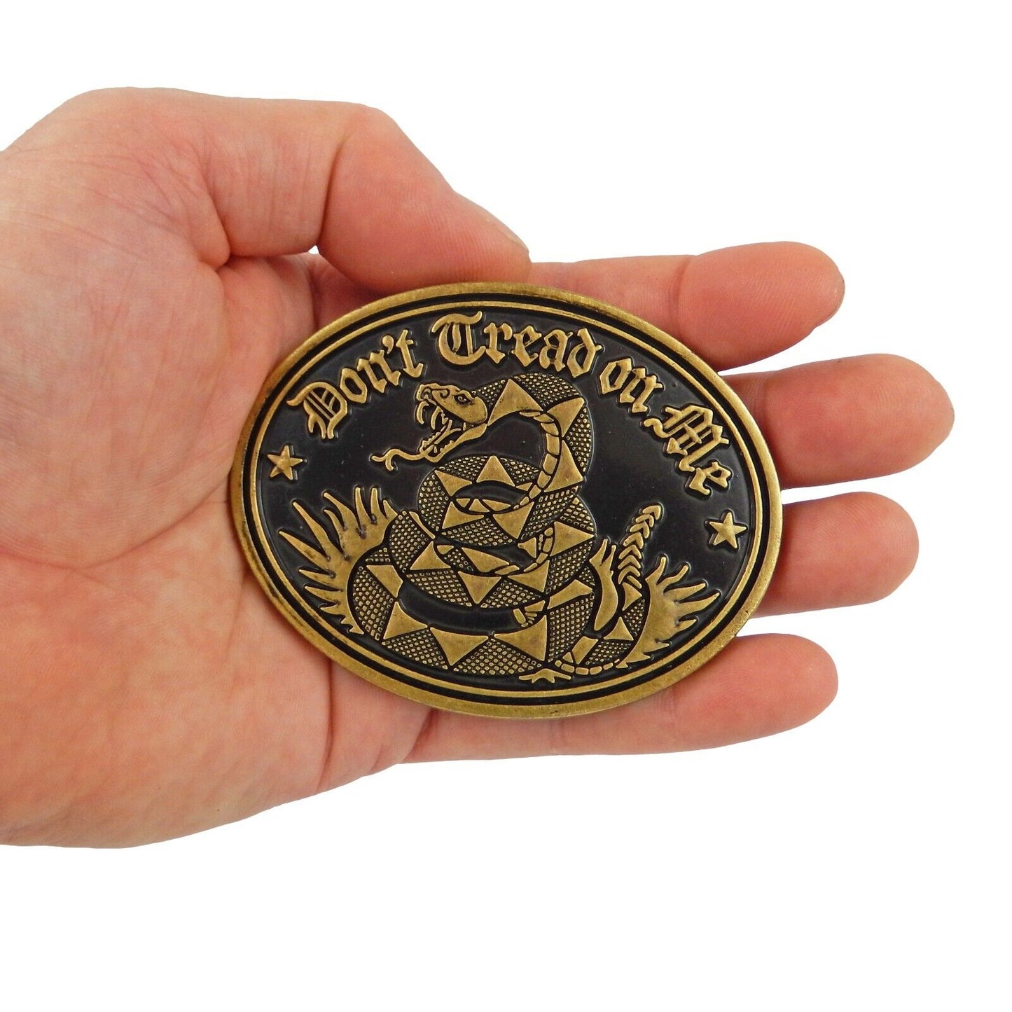 Don't Tread On Me Gadsden Flag Snake Belt Buckle Antique Bronze Black Enamel
