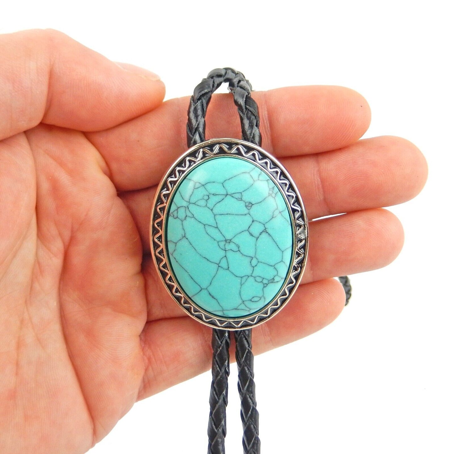 Oval Pendant Turquoise Stone Bolo Tie 40 inch Black Leather Cord Antique Silver