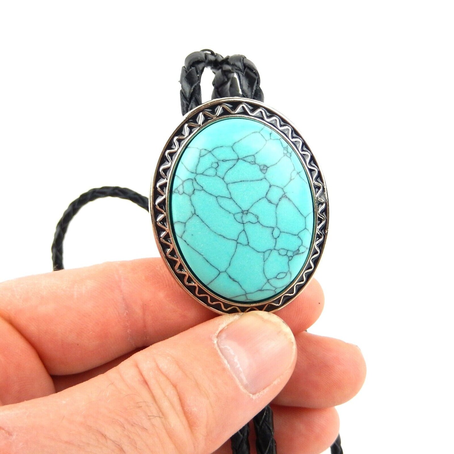 Oval Pendant Turquoise Stone Bolo Tie 40 inch Black Leather Cord Antique Silver