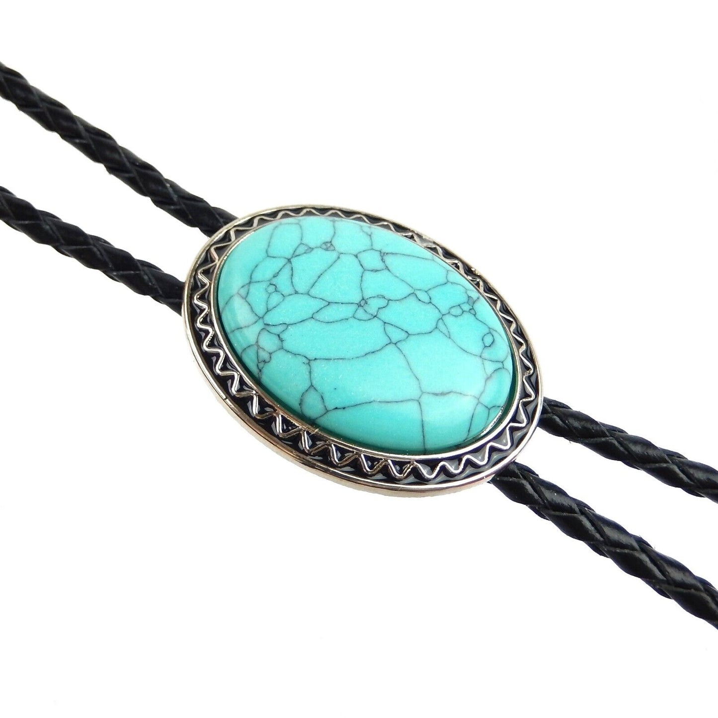 Oval Pendant Turquoise Stone Bolo Tie 40 inch Black Leather Cord Antique Silver
