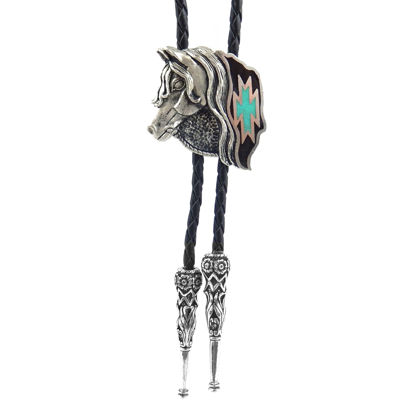 Western Horse Head Bolo Tie Turquoise Inlay 38 inch Black Cord Made in USA