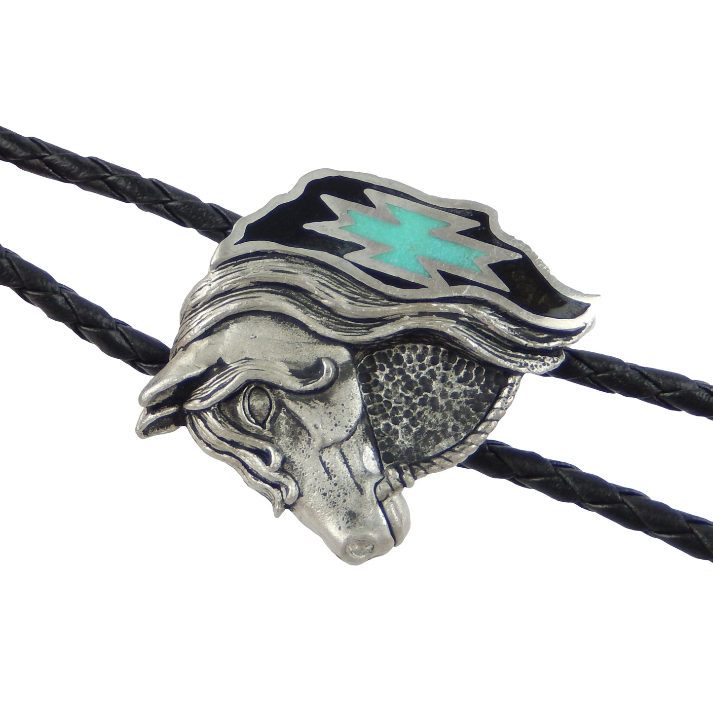 Western Horse Head Bolo Tie Turquoise Inlay 38 inch Black Cord Made in USA