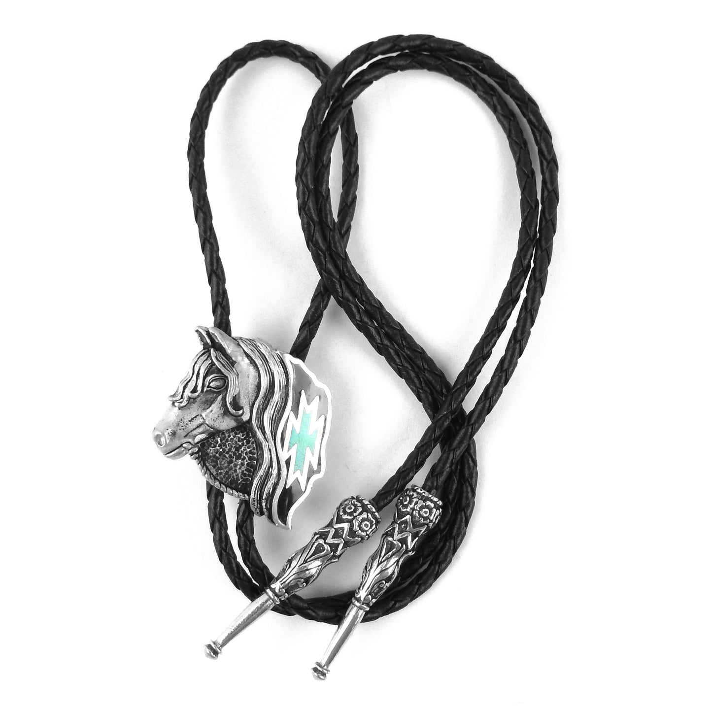 Western Horse Head Bolo Tie Turquoise Inlay 38 inch Black Cord Made in USA