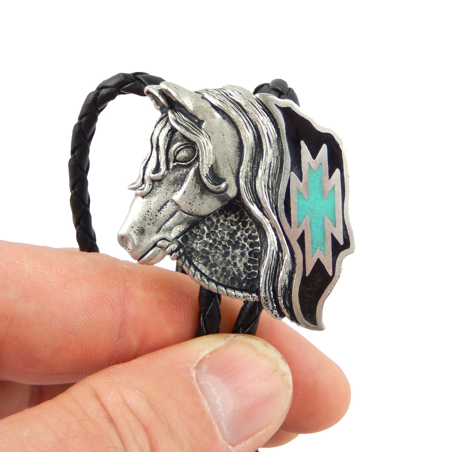 Western Horse Head Bolo Tie Turquoise Inlay 38 inch Black Cord Made in USA