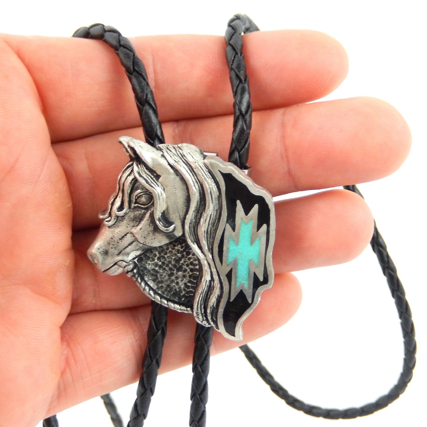 Western Horse Head Bolo Tie Turquoise Inlay 38 inch Black Cord Made in USA