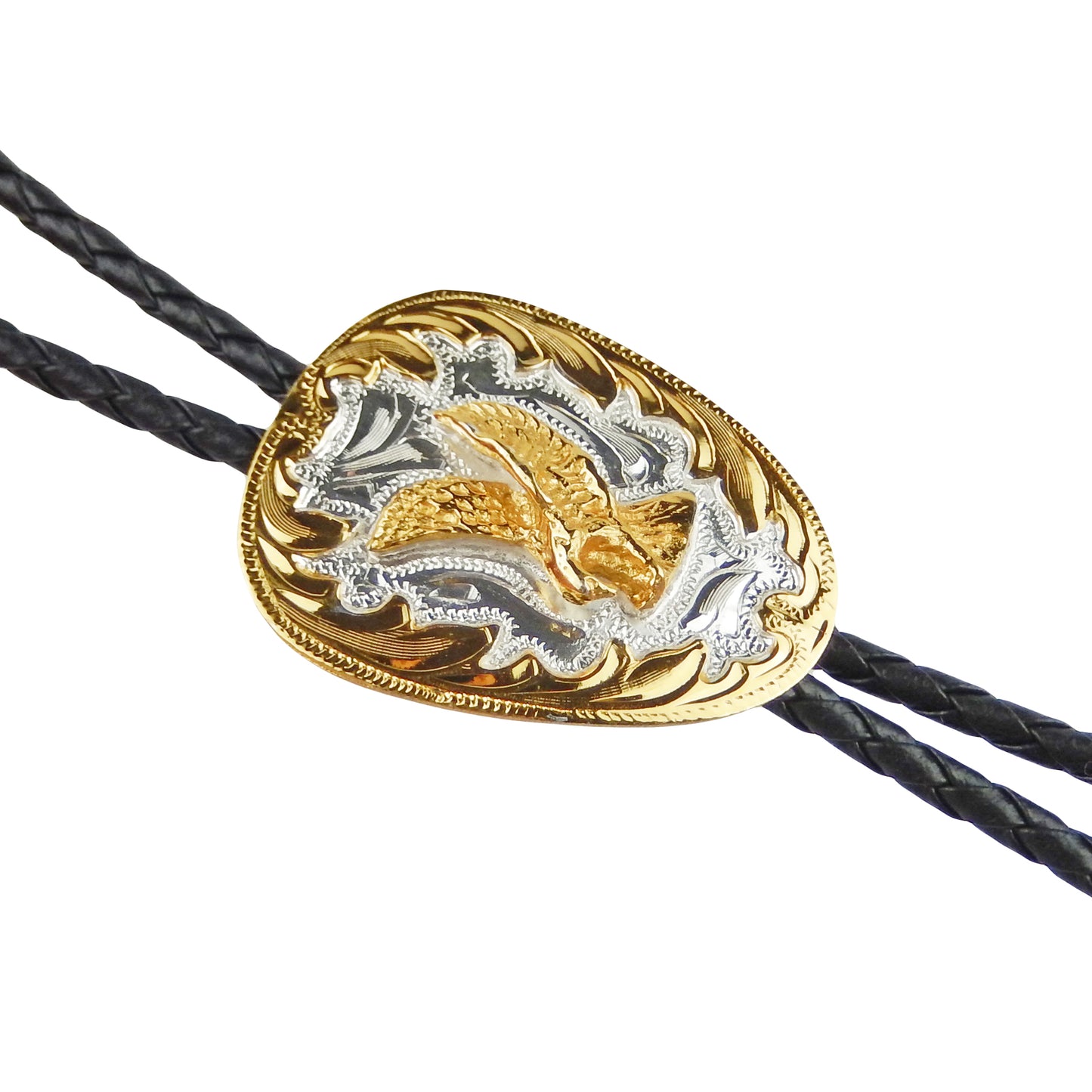 German Silver Golden American Eagle Bolo Tie 36 inch Black Cord Made in USA