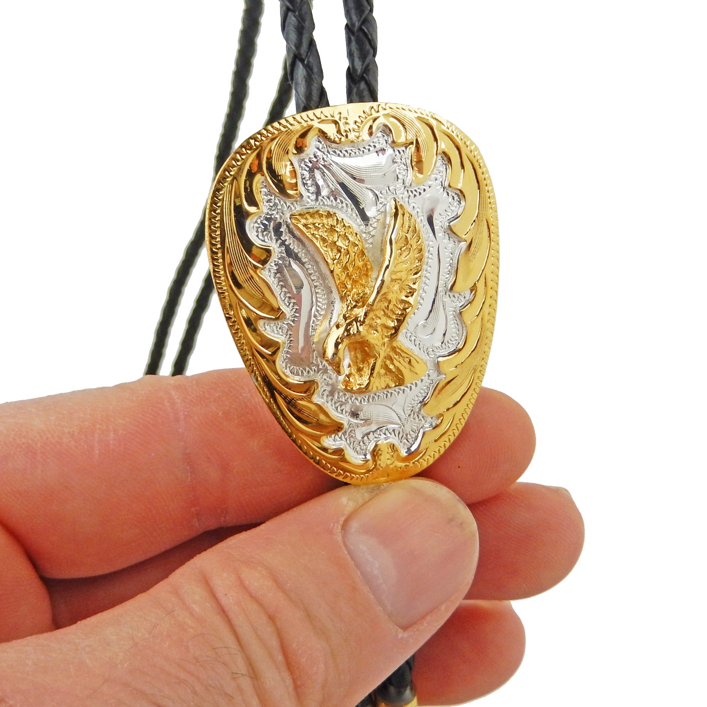 German Silver Golden American Eagle Bolo Tie 36 inch Black Cord Made in USA