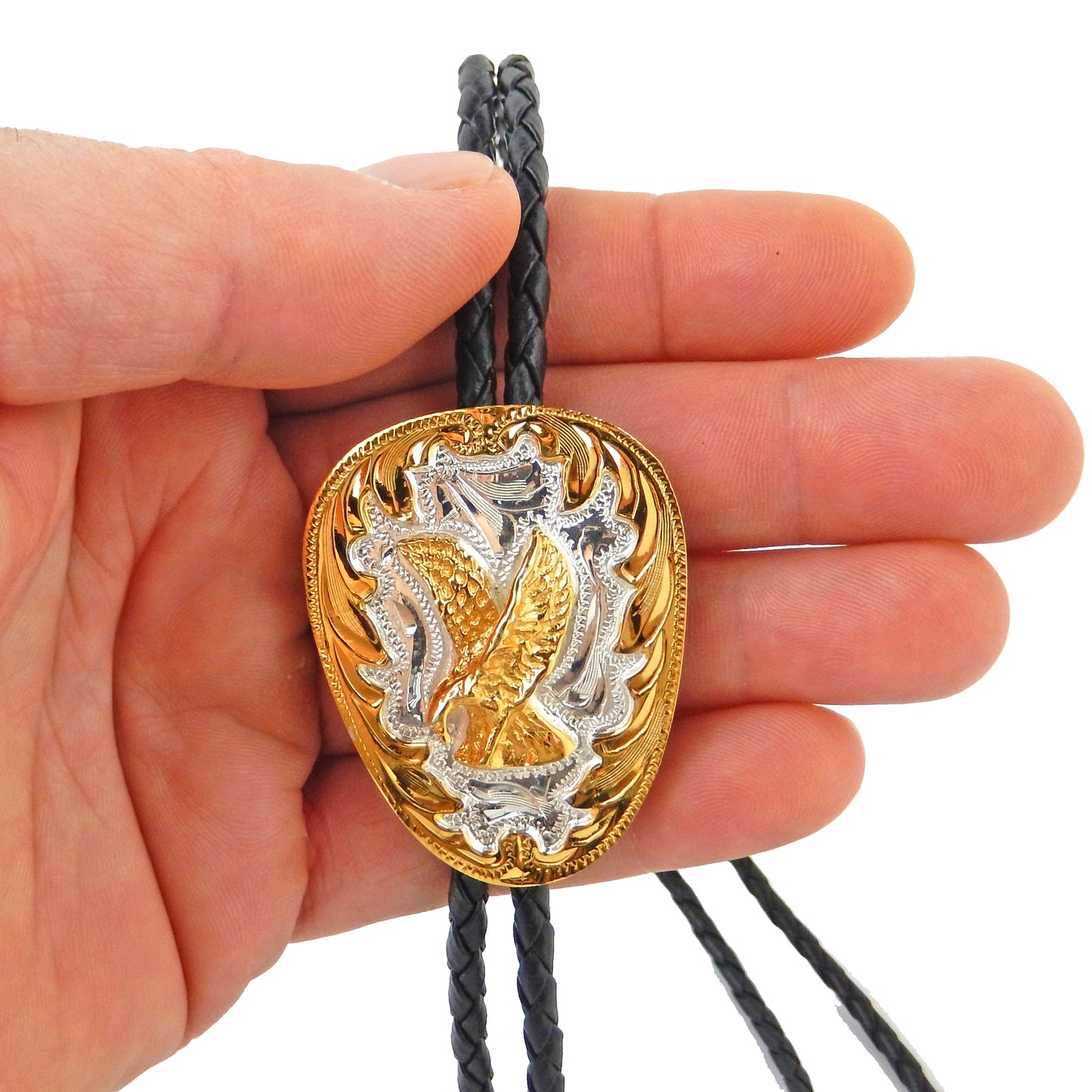 German Silver Golden American Eagle Bolo Tie 36 inch Black Cord Made in USA