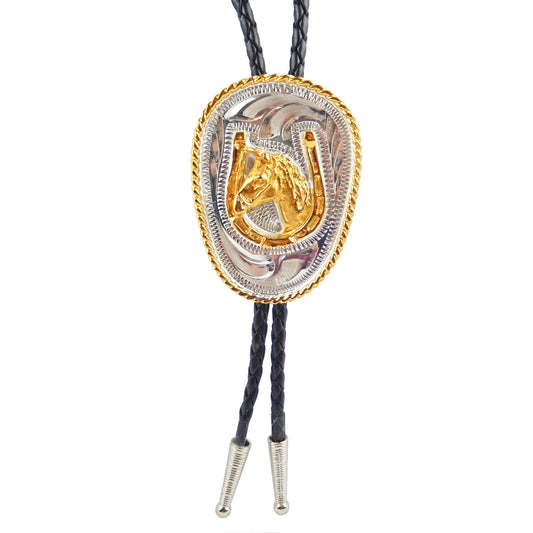 German Silver Western Horseshoe Horse Head Bolo Gold Tone 36 in Cord Made in USA