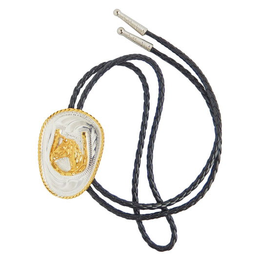 German Silver Western Horseshoe Horse Head Bolo Gold Tone 36 in Cord Made in USA