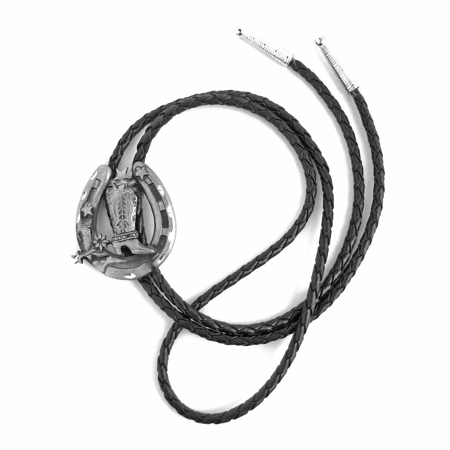 Horseshoe Cowboy Boot Bolo Tie Western Silver Tone 36 inch Black Cord USA Made