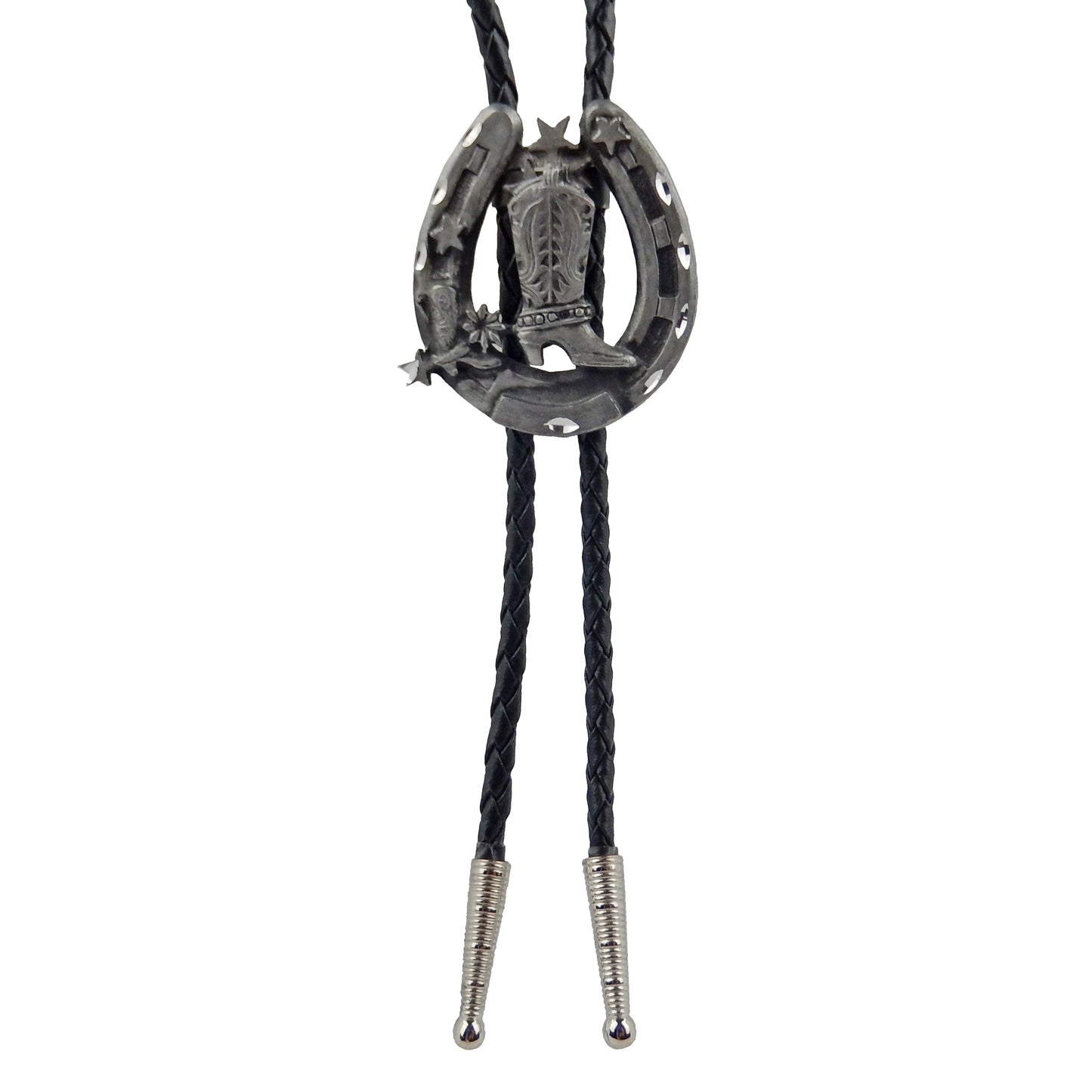 Horseshoe Cowboy Boot Bolo Tie Western Silver Tone 36 inch Black Cord USA Made