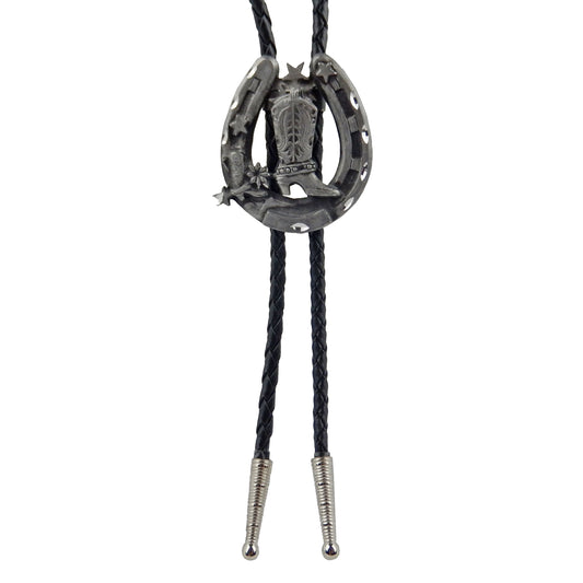 Horseshoe Cowboy Boot Bolo Tie Western Silver Tone 36 inch Black Cord USA Made