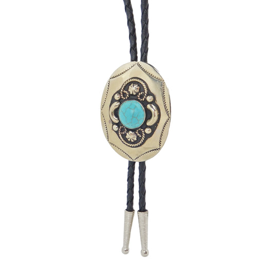 German Silver Oval Turquoise Bolo Tie Adjustable 36 inch Black Cord Made in USA
