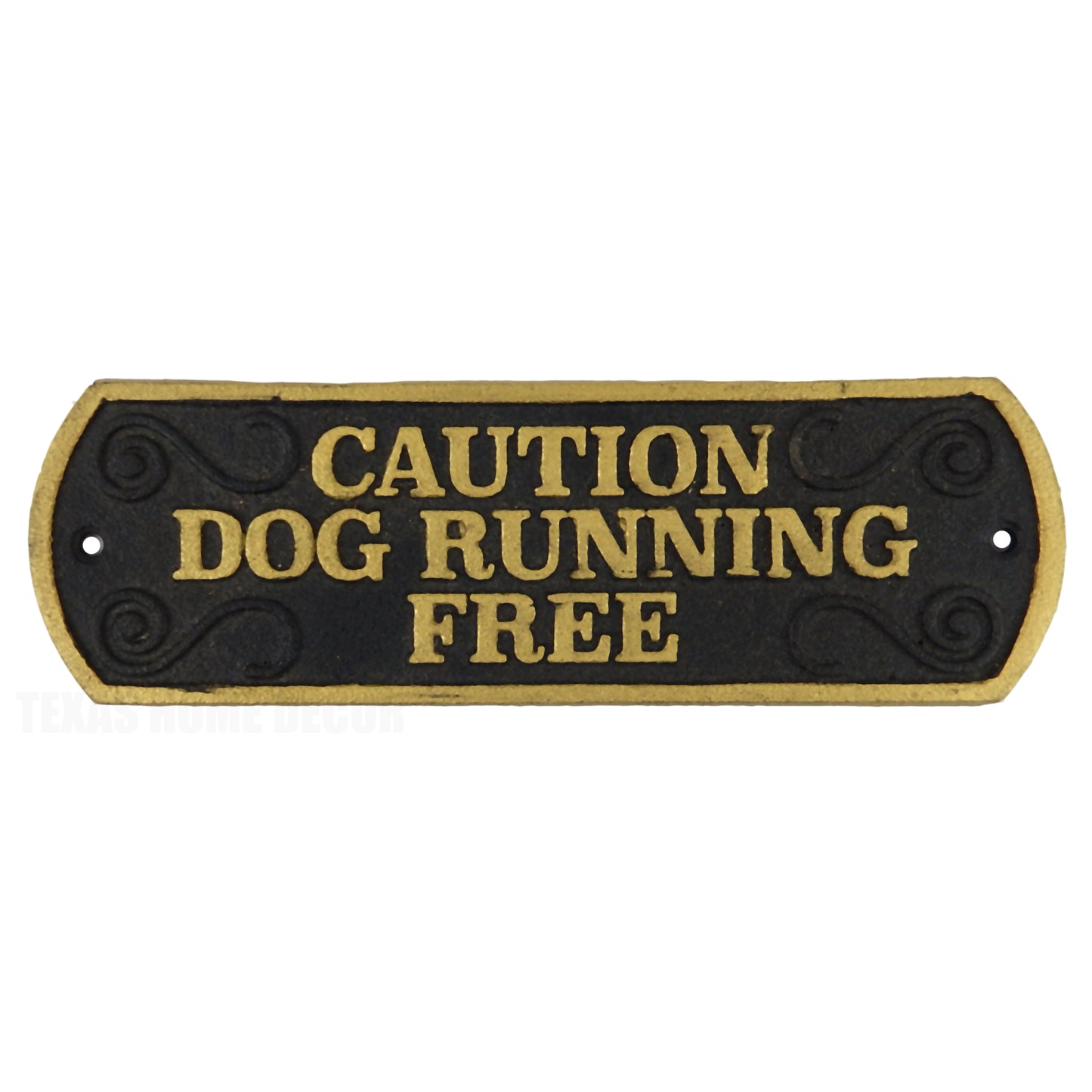 Caution Dog Running Free Cast Iron Plaque Sign Embossed Letters Black Gold