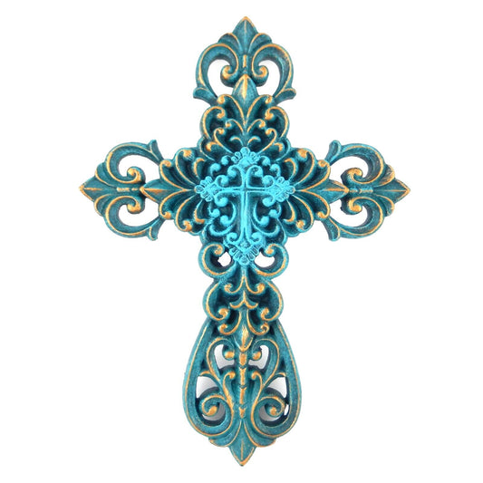 Small Turquoise Layered Wall Cross Fleur De Lis Ornate Scrolls Blue & Gold 8 in