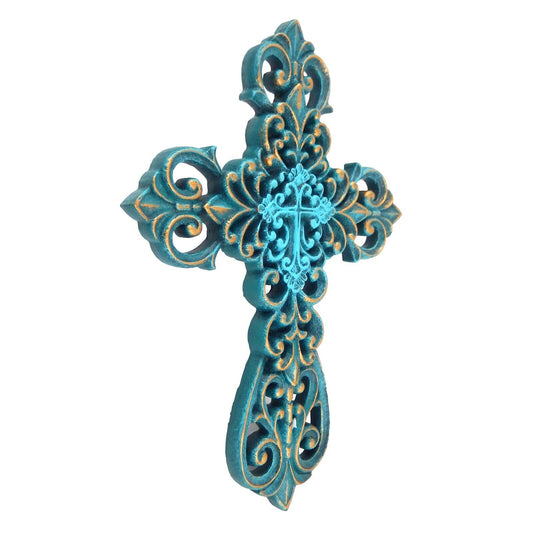 Small Turquoise Layered Wall Cross Fleur De Lis Ornate Scrolls Blue & Gold 8 in