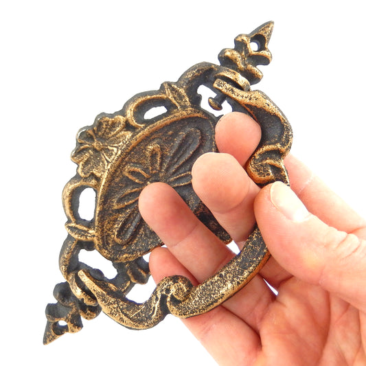 Cast Iron Victorian Style Bail Drawer Pull Handle Floral Antique Gold 6 3/4 inch