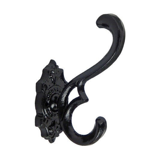 Victorian Fleur De Lis Cast Iron Double Wall Hook Towel Coat Hanger Gloss Black