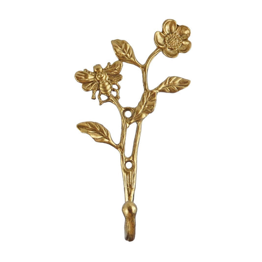 Gold Flower & Bee Metal Wall Hook Key Towel Coat Hanger Lightweight 6 inch Tall