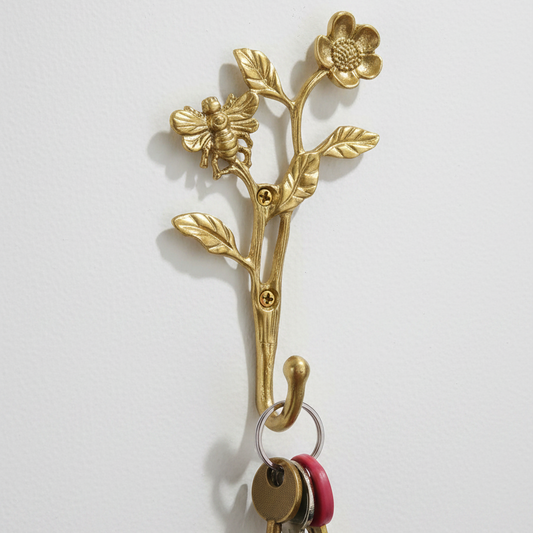 Gold Flower & Bee Metal Wall Hook Key Towel Coat Hanger Lightweight 6 inch Tall